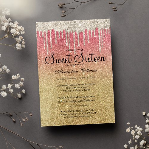 Glam girly pink gold ombre glitter drips Sweet 16  Invitation