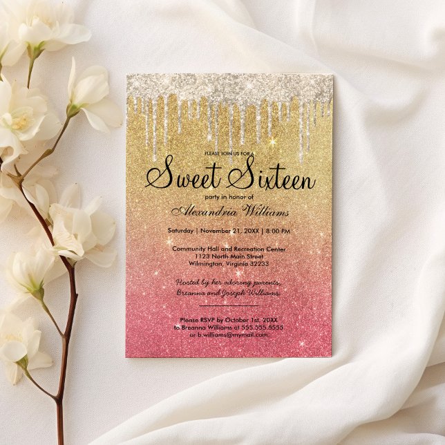 Glam girly pink gold ombre glitter drips Sweet 16  Invitation (Glam girly pink gold ombre glitter drips Sweet 16)