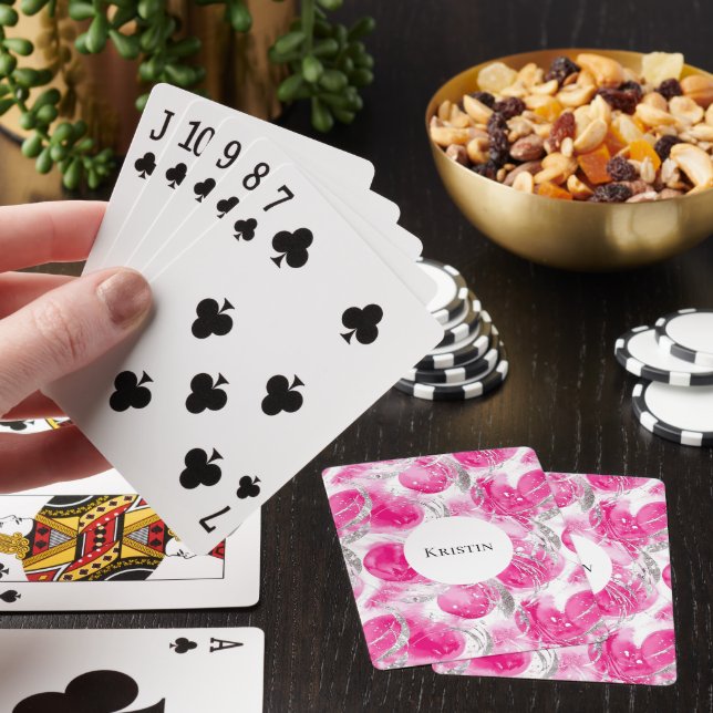 Glam Girly Pink Silver Abstract Circles Poker Cards (In Situ)