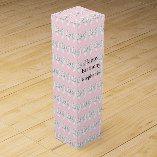 Glam Girly Pink Tiffany Theme White Bow Wine Box (Front)
