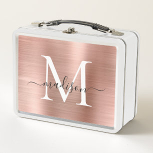 Glam Girly Rose Gold Brushed Metal Monogram Script Metal Lunch Box