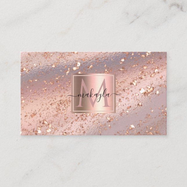 Glam Girly Rose Gold Flakes Gitter Monogram Business Card (Front)