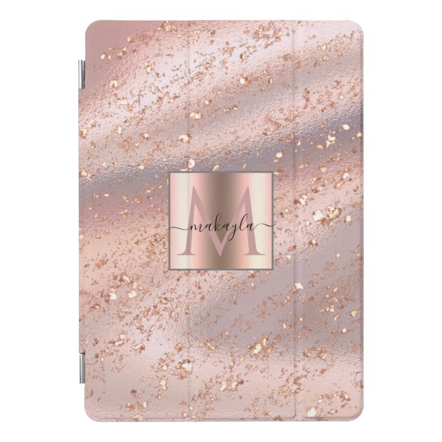 Glam Girly Rose Gold Flakes Gitter Monogram iPad Pro Cover (Front)
