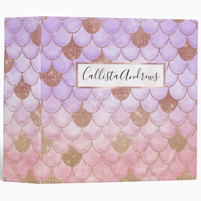 Glam Girly Rose Gold Glitter Mermaid Scales 3 Ring Binder (Front/Spine)