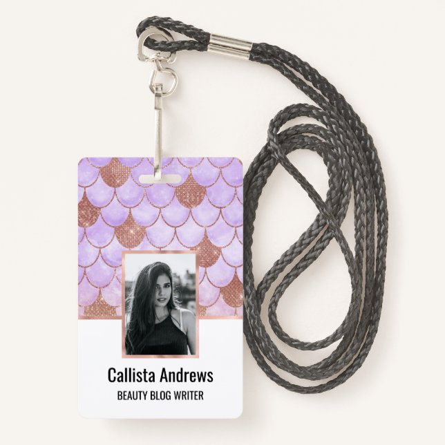 Glam Girly Rose Gold Glitter Mermaid Scales Badge (Front with Lanyard)