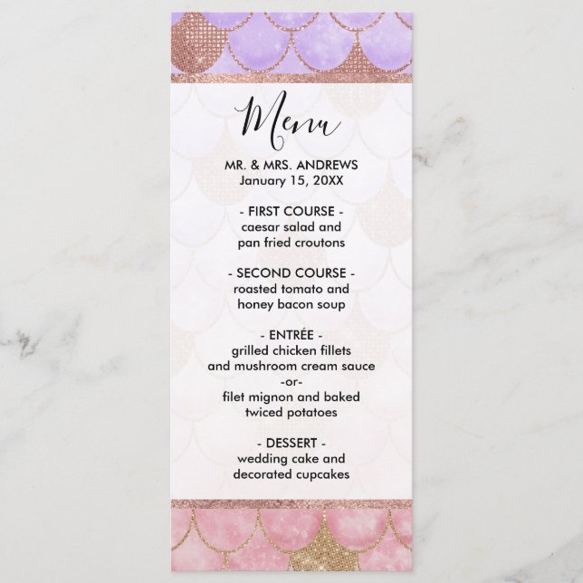 Glam Girly Rose Gold Glitter Mermaid Scales Menu (Front)