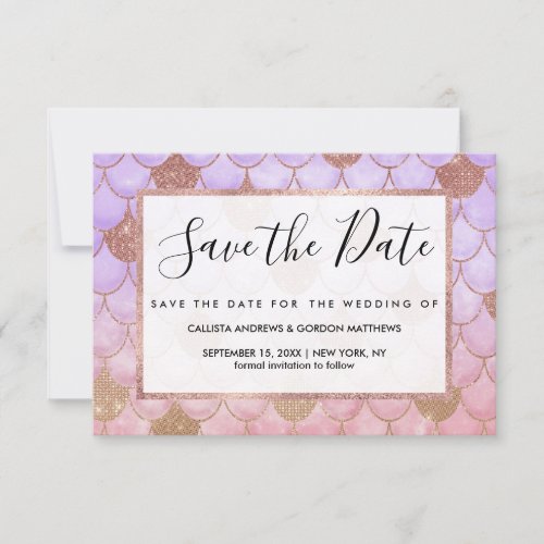 Glam Girly Rose Gold Glitter Mermaid Scales Save The Date