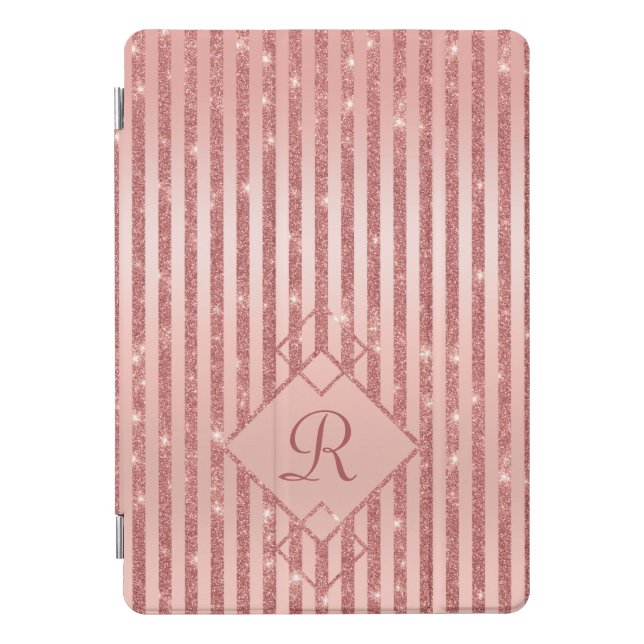 Glam Girly Rose Gold Glitter Stripes Monogram  iPad Pro Cover (Front)