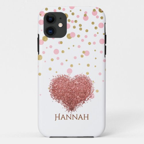 Glam Girly Rose Gold Pink Glitter Heart iPhone 11 Case