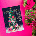 Glam Girly Shoes Purse Makeup Christmas Tree Card<br><div class="desc">This girly and glamorous Christmas greeting card will be the talk of all your friends and family. It's a unique and stylish concept for your holiday papery. It features hand-drawn and hand-painted watercolor purses, high heel shoes, faux glitter ornaments, makeup, perfume bottles, wallets, candy canes, gift bag, and gift box....</div>
