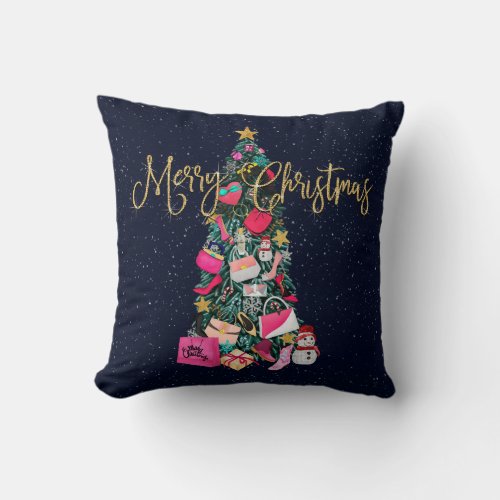 Glam Girly Shoes Purse Makeup Christmas Tree Throw Pillow