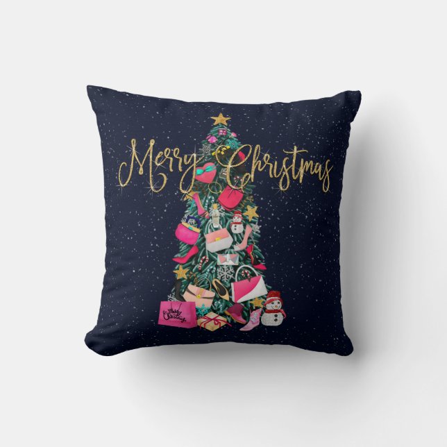 Glam Girly Shoes Purse Makeup Christmas Tree Throw Pillow (Front)