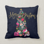 Glam Girly Shoes Purse Makeup Christmas Tree Throw Pillow<br><div class="desc">This girly and glamorous Christmas decorative throw pillow will be the talk of all your friends and family. It's a unique and stylish concept for your holiday decor. It depicts faux gold glitter typography saying, "Merry Christmas." It also features hand-drawn and hand-painted watercolor purses, high heel shoes, faux glitter ornaments,...</div>