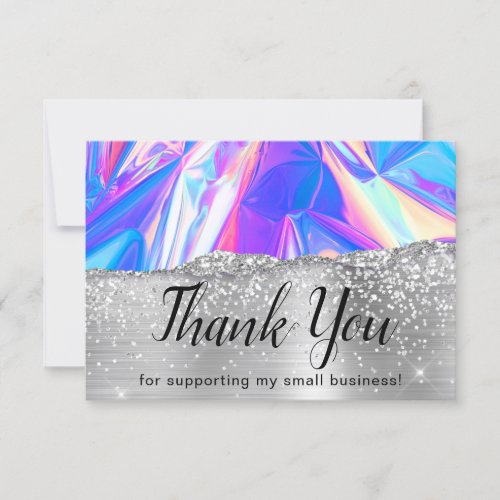 Glam Girly Silver Glitter Holographic Business Thank You Card