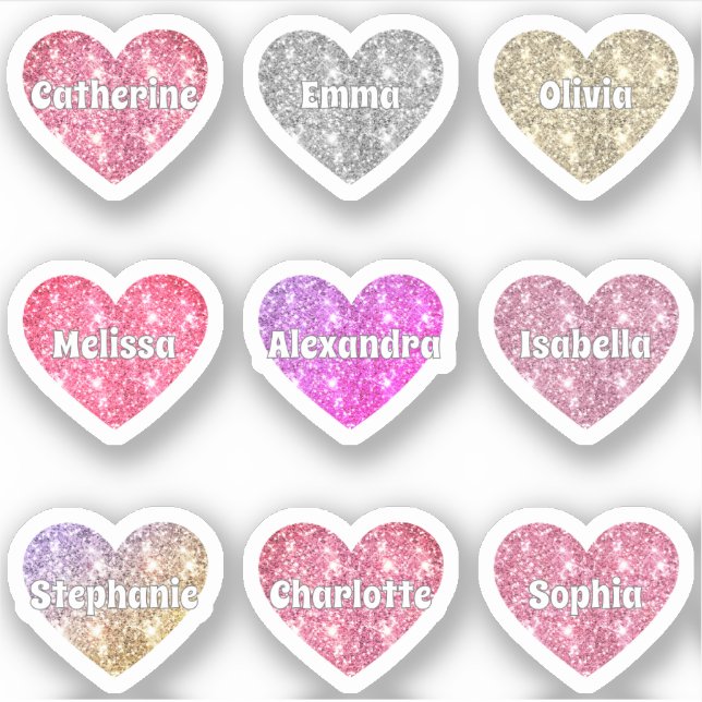 Glam Girly Sparkle Glitter Hearts Names Pack Sticker (Front)
