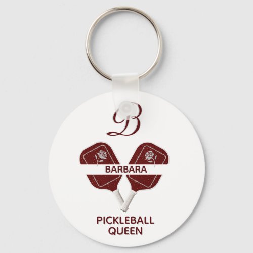 Glam Glit Pickleball Queen Paddles Initial Floral  Keychain