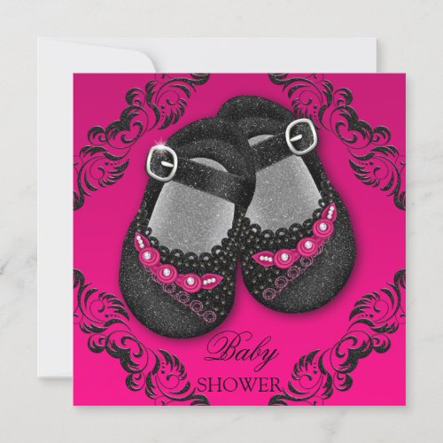 Glam Glitter Baby Shoes Hot Pink Black Baby Shower Invitation