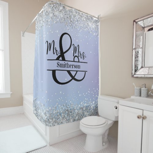 Glam Glitter Blue Mr and Mrs Shower Curtain