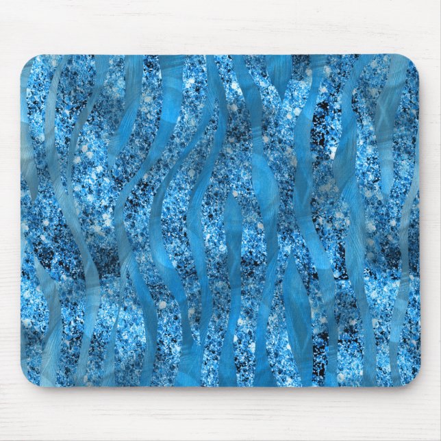 Glam Glitter Blue Zebra Stripes Mousepad (Front)