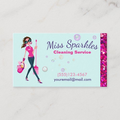 Glam Glitter Cartoon Maid House Cleaning Services Business Card