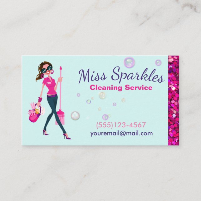 Glam Glitter Cartoon Maid House Cleaning Services Business Card (Front)