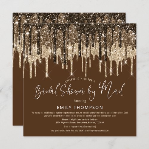 Glam Glitter Drip Gold Brown Bridal Shower by Mail Invitation