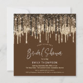 Glam Glitter Drips Gold Brown Script Bridal Shower Invitation (Front)
