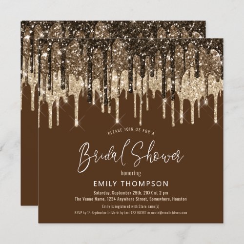 Glam Glitter Drips Gold Brown Script Bridal Shower Invitation