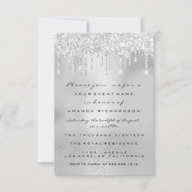 Glam Glitter Drips Gray Silver  Bridal Sweet 16th Invitation (Front)