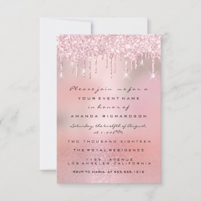 Glam Glitter Drips Rose Gold  Bridal Sweet 16th Invitation (Front)