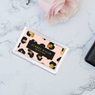 Glam Glitter Gold Blush PINK Black Leopard Animal Business Card Case