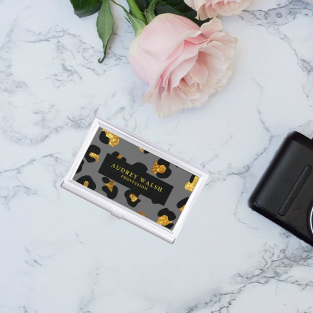 Glam Glitter Gold Gray Black Leopard Animal  Business Card Case (Creator Uploaded)