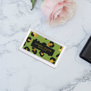 Glam Glitter Gold Green Black Leopard Animal Business Card Case