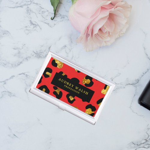 Glam Glitter Gold Red Black Leopard Animal  Business Card Case