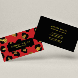 Glam Glitter Gold Red Leopard print  Luxury Business Card