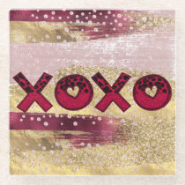 Glam Glitter Gold Red Luxe XOXO Valentines Glass Coaster