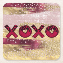 Glam Glitter Gold Red Luxe XOXO Valentines Square Paper Coaster