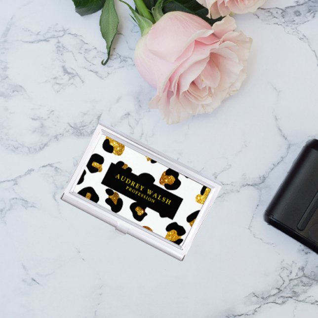 Glam Glitter Gold White Leopard Animal print Luxe Business Card Case (Creator Uploaded)