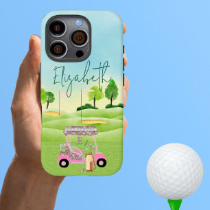 Glam Glitter Lady Golfer Pink Cart Clubs Monogram iPhone 16 Pro Case