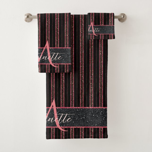 Glam Glitter Monogrammed Name Black and Pink Bath Towel Set (Insitu)