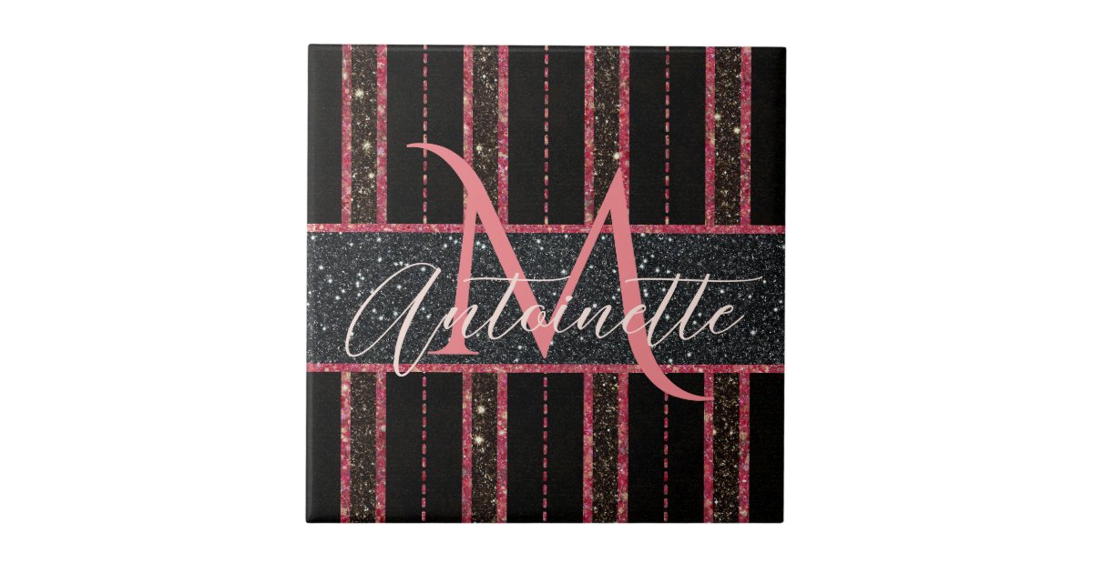 Monogram Name Pink White Flowers Watercolor Silver Ceramic Tile