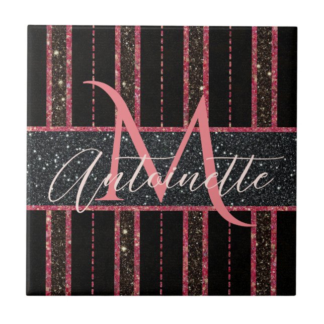 Glam Glitter Monogrammed Name Black and Pink Ceramic Tile (Front)