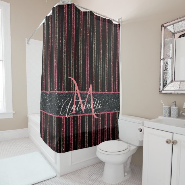 Glam Glitter Monogrammed Name Black and Pink Shower Curtain (In Situ)