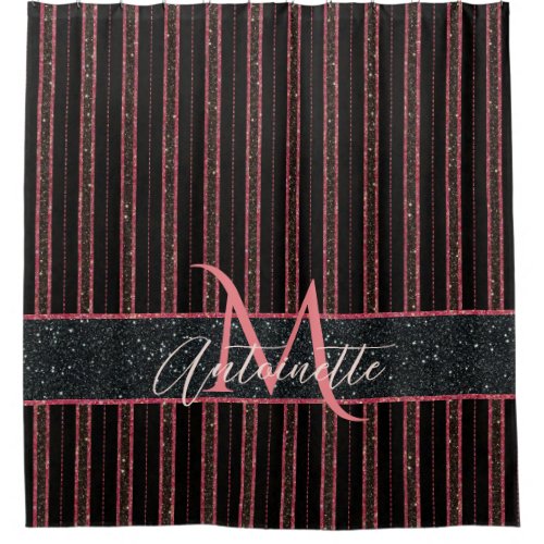 Glam Glitter Monogrammed Name Black and Pink Shower Curtain