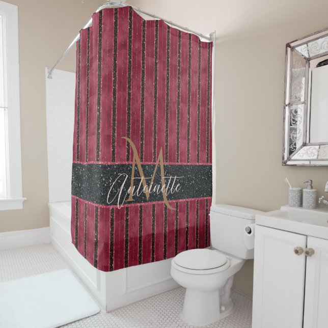 Glam Glitter Monogrammed Name Burgundy Red Shower Curtain (In Situ)
