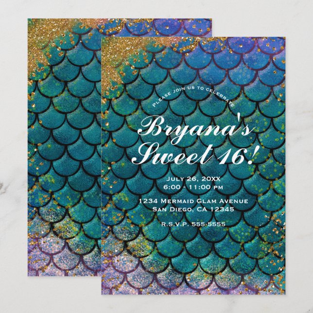 Glam Glitter Pink Gold Teal Mermaid Sweet 16 Party Invitation (Front/Back)