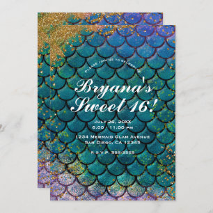 Glam Glitter Pink Gold Teal Mermaid Sweet 16 Party Invitation