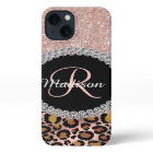 Glam Glitter Rose Gold Diamond Monogram Leopard