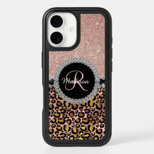Glam Glitter Rose Gold Diamond Monogram Leopard iPhone 16 Case