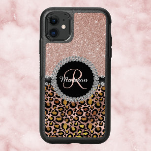 Glam Glitter Rose Gold Diamond Monogram Leopard OtterBox Symmetry iPhone 11 Case
